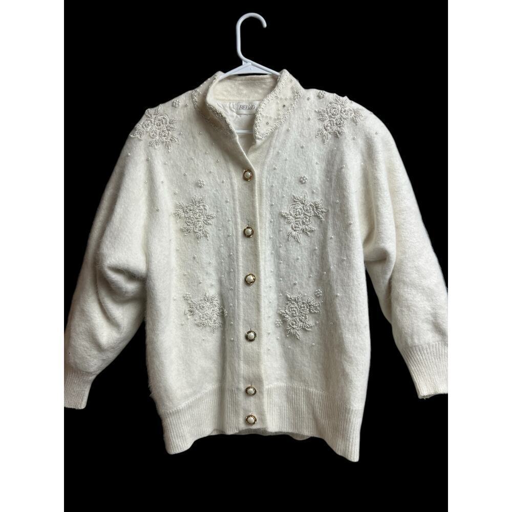 Beldini Vintage Angora Rabbit Hair Cardigan Beaded Lined Sweater Jacket Medium
